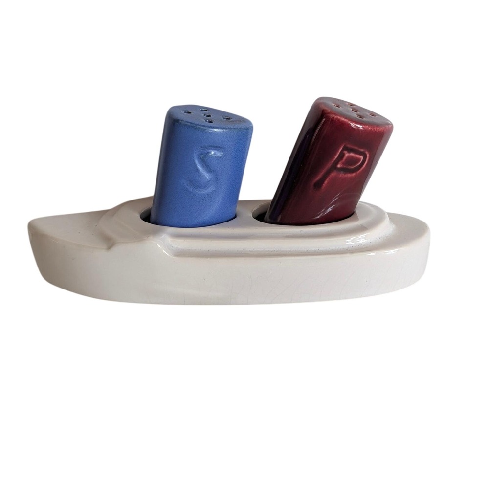 Vintage USA Pottery 566 Boat Salt and Pepper Shakers Set Blue Maroon Nautical